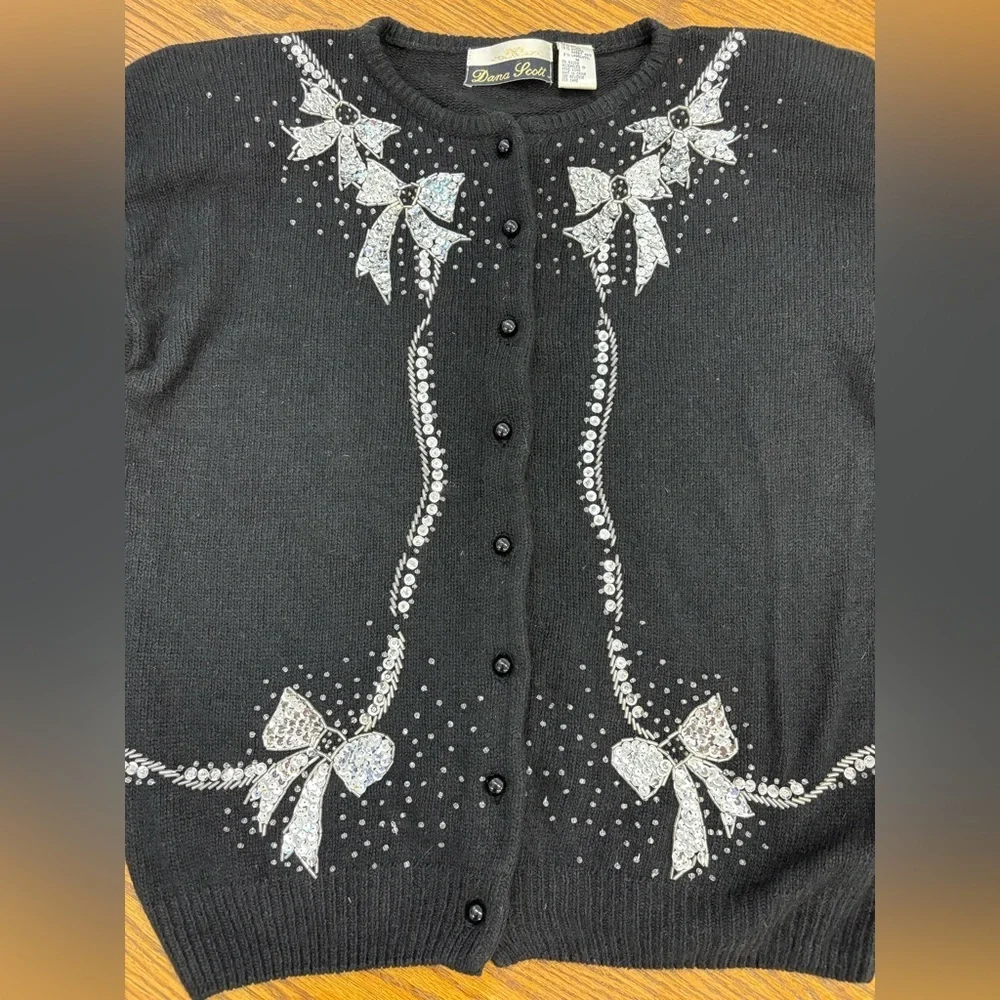 VTG Dana Scott Cardigan Christmas Sweater Black Silk Wool Angora Blend Women’s M - Picture 8 of 14